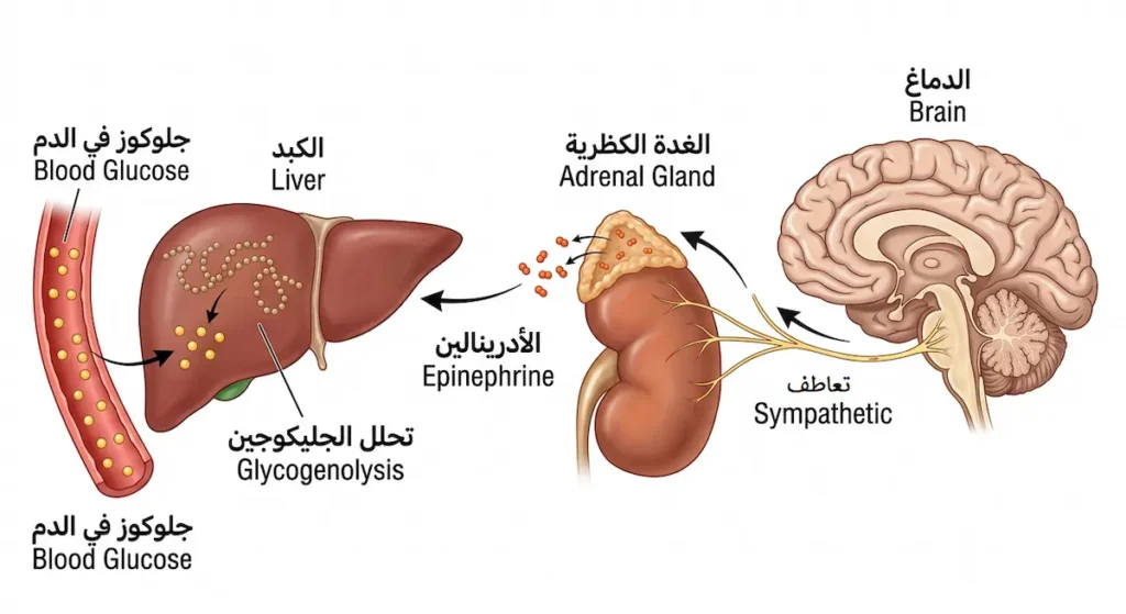 رسم تشريحي توضيحي يُظهر آلية إفراز الأدرينالين بدءاً من إشارة الدماغ إلى الغدة الكظرية ثم تأثيره على الكبد لتحويل الجليكوجين إلى جلوكوز في الدم