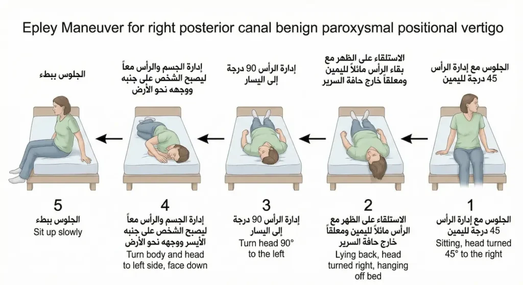 رسم توضيحي يُظهر خمس مراحل متسلسلة لمناورة إيبلي العلاجية من الجلوس إلى الاستلقاء مع تغيير وضع الرأس والجسم ثم العودة للجلوس