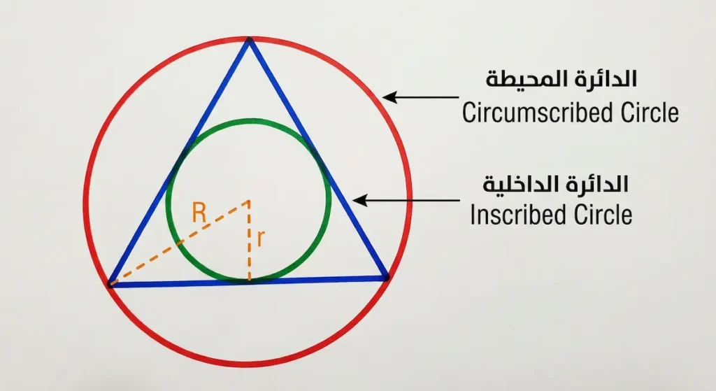 مثلث متطابق الأضلاع مع الدائرة المحيطة والدائرة الداخلية موضح عليها نصفي القطر