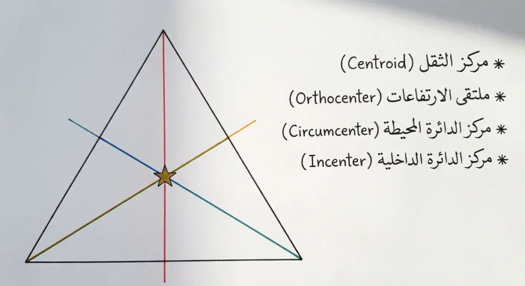 مثلث متطابق الأضلاع يوضح انطباق نقاط المركز الأربع في نقطة واحدة
