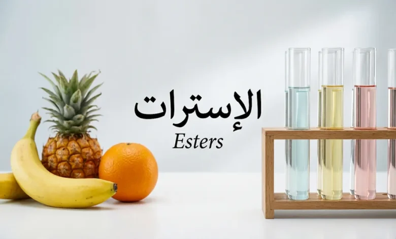 صورة غلاف تُظهر أنابيب اختبار زجاجية بجانب فواكه طازجة مع كلمة الأسترات في المنتصف تعبيراً عن العلاقة بين الكيمياء العضوية وروائح الفواكه الطبيعية