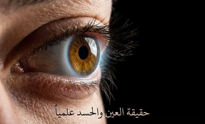 عين بشرية مفتوحة بتصوير ماكرو مع توهج خافت يمثل انبعاثات البيوفوتون وعليها عنوان المقال حقيقة العين والحسد علمياً