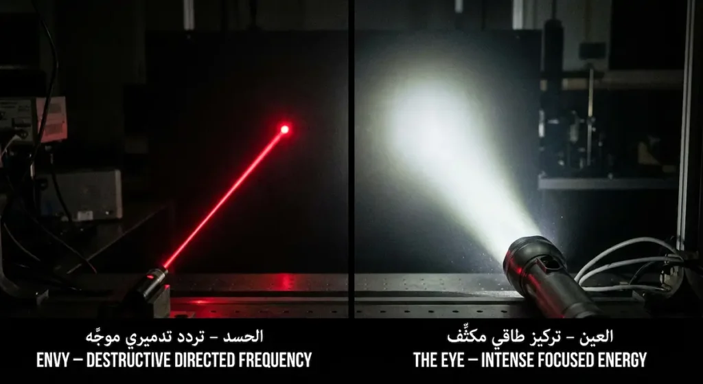 مقارنة بصرية بين شعاع ضوء منتشر يمثل العين وشعاع ليزر مركز يمثل الحسد لتوضيح الفرق في التركيز الطاقي