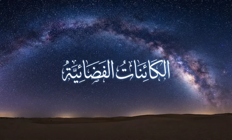 سماء ليلية صافية فوق صحراء رملية يظهر فيها درب التبانة بوضوح مع عبارة الكائنات الفضائية بالخط العربي