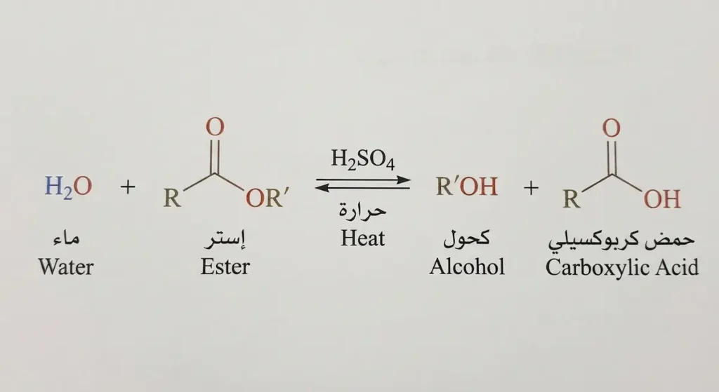 معادلة كيميائية توضيحية لتفاعل أسترة فيشر تُظهر تفاعل حمض كربوكسيلي مع كحول بوجود حمض الكبريتيك كحفّاز وحرارة لإنتاج إستر وماء مع سهمين متعاكسين يدلّان على أن التفاعل عكسي
