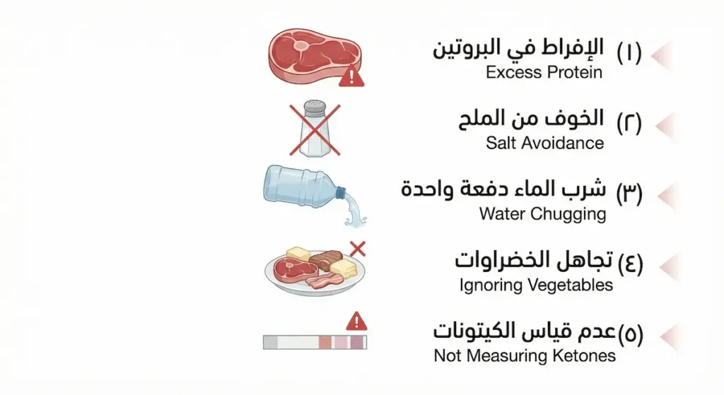 إنفوجرافيك يعرض خمسة أخطاء شائعة تدمر الكيتوزيس في رمضان: الإفراط في البروتين والخوف من الملح وشرب الماء دفعة واحدة وتجاهل الخضراوات وعدم قياس الكيتونات