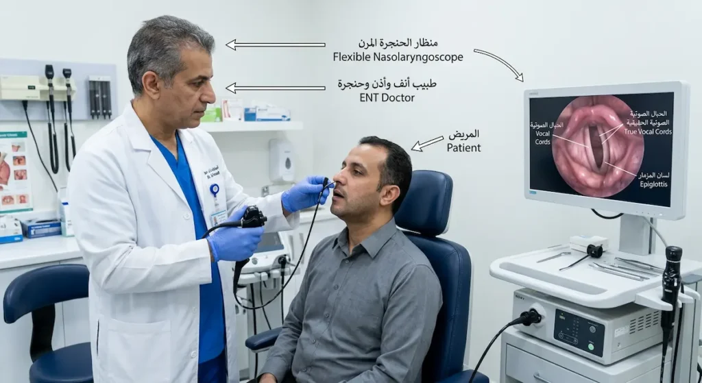  طبيب يُجري فحص تنظير الحنجرة المرن لمريض عبر الأنف مع ظهور صورة الحبال الصوتية على شاشة العرض