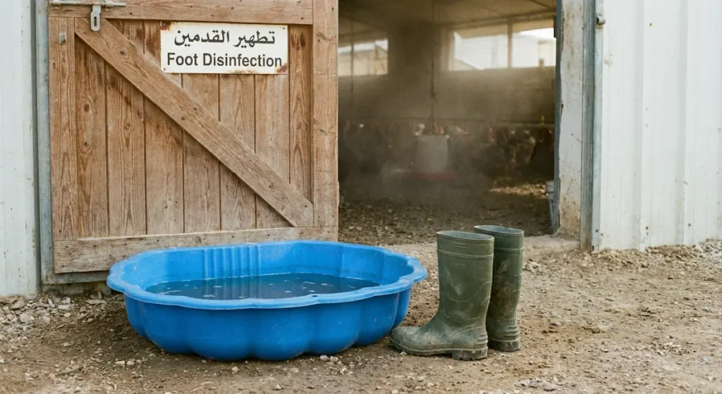  مدخل عنبر دواجن يظهر فيه حوض تطهير أقدام مملوء بمحلول مطهر وأحذية مطاطية خاصة بالمزرعة كإجراء أمان حيوي لمنع انتقال العدوى