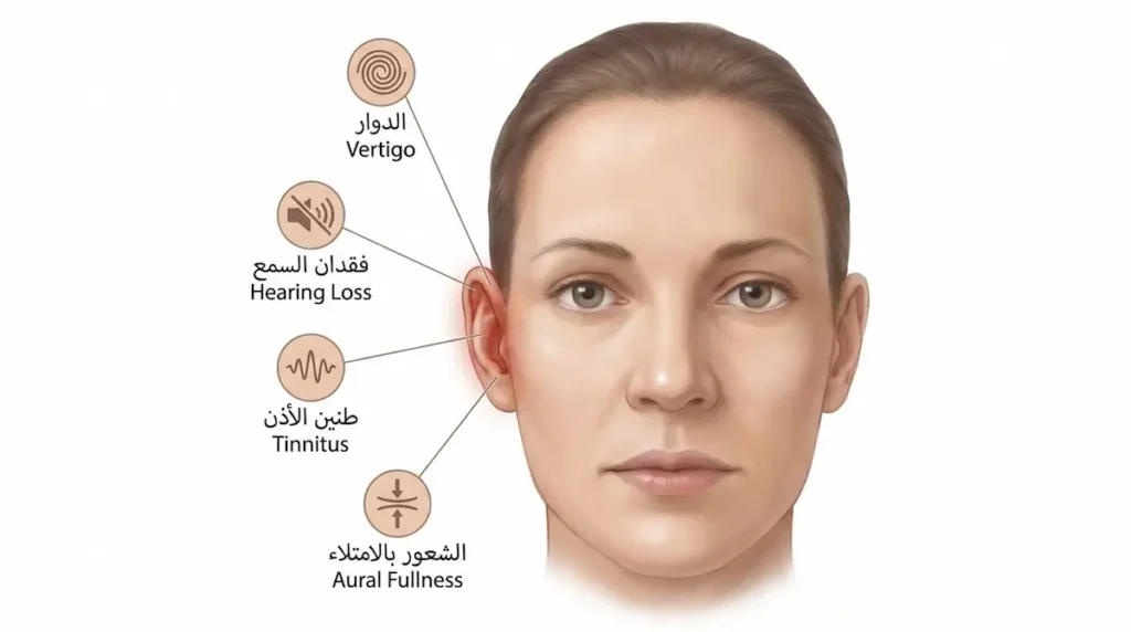 رسم توضيحي يُظهر رأس إنسان مع أربعة رموز حول الأذن اليسرى تمثل الأعراض الكلاسيكية لداء مينيير وهي الدوار وفقدان السمع وطنين الأذن والشعور بالامتلاء