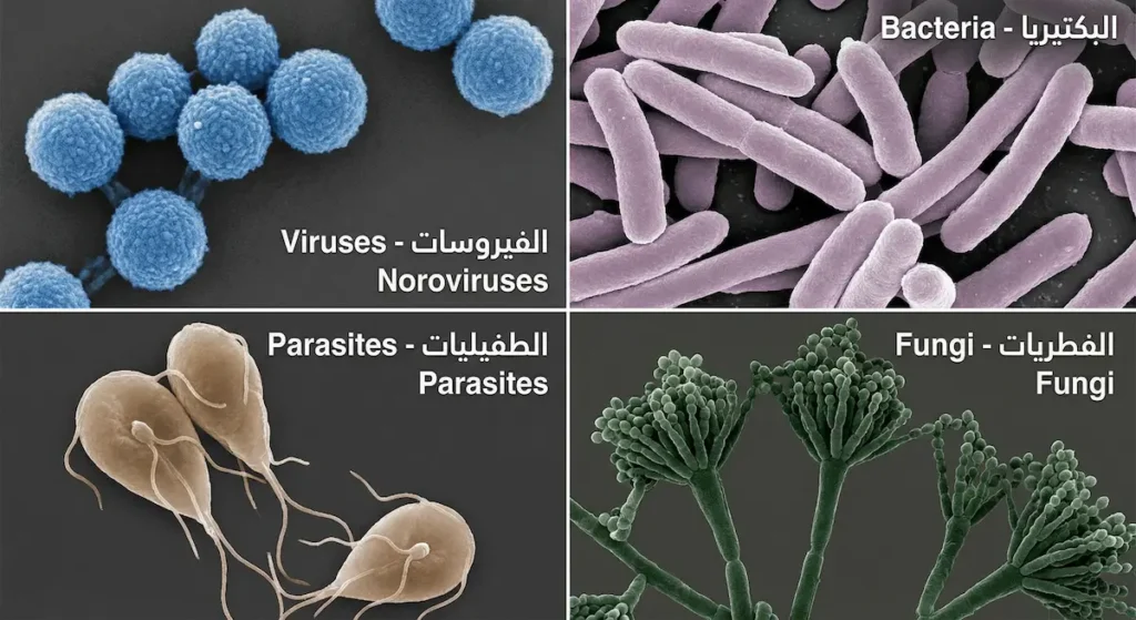 مقارنة مجهرية بين أربعة أنواع من الملوثات الميكروبية تشمل البكتيريا والفيروسات والفطريات والطفيليات