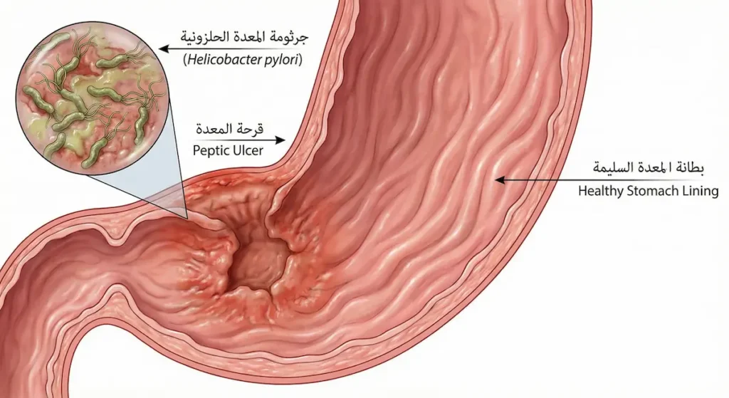 مقارنة بين جدار المعدة السليم والملتهب مع قرحة هضمية وجرثومة المعدة الحلزونية