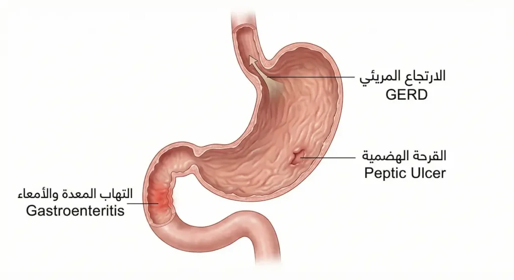 رسم تشريحي للجهاز الهضمي العلوي يوضح مواقع الارتجاع المريئي والقرحة الهضمية والتهاب المعدة والأمعاء كأسباب شائعة للغثيان