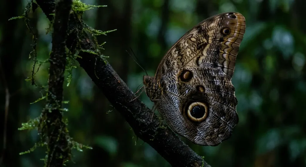 فراشة البومة العملاقة تُظهر بقع العيون الكبيرة على أجنحتها التي تشبه عيني بومة