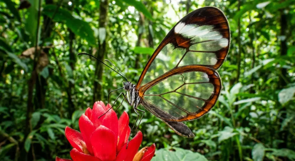 فراشة الجناح الزجاجي ذات الأجنحة الشفافة تحط على زهرة حمراء في غابة استوائية