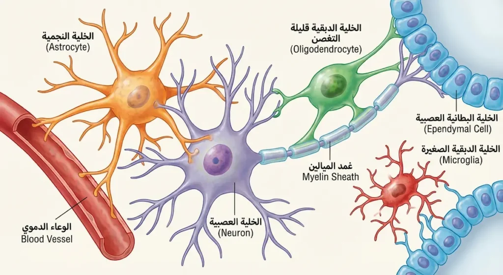 رسم يُظهر أنواع الخلايا الدبقية الأربعة الرئيسية وهي تُحيط بخلية عصبية وتدعمها