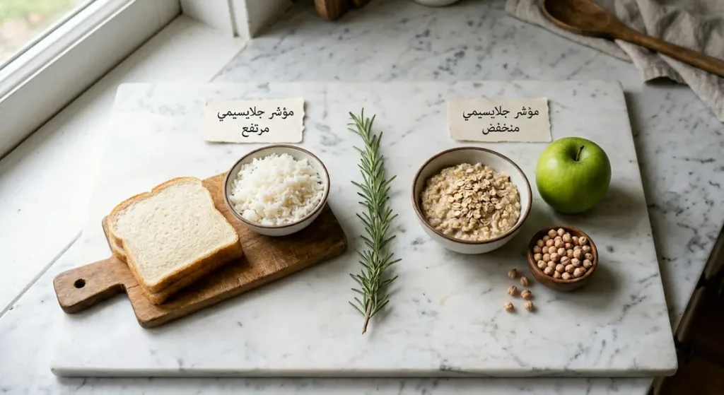 مقارنة بين أطعمة ذات مؤشر جلايسيمي منخفض مثل الشوفان والحمص والتفاح الأخضر وأطعمة ذات مؤشر جلايسيمي مرتفع مثل الخبز الأبيض والأرز الأبيض مرتبة على طاولة