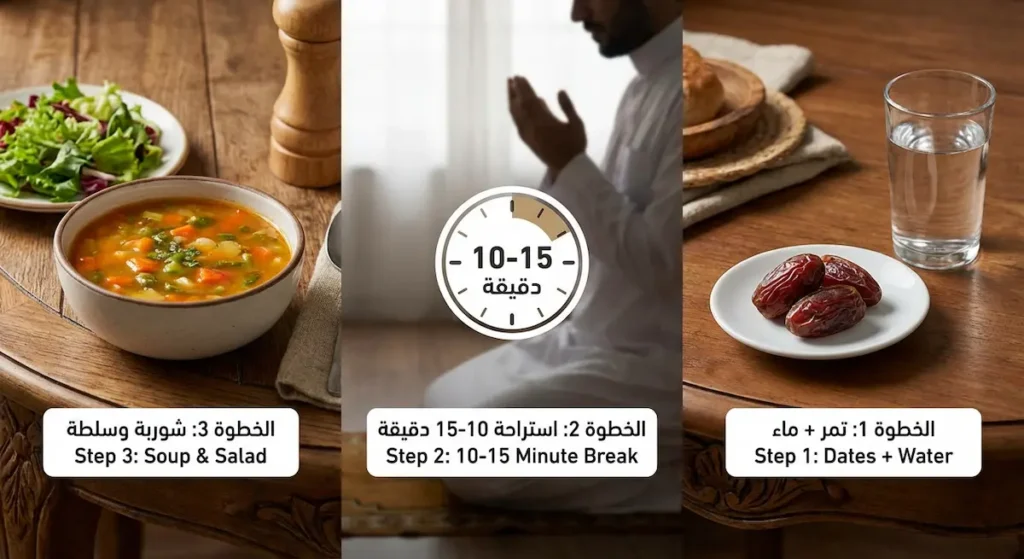 ثلاث مراحل لكسر الصيام: تمر وماء، ثم استراحة 10-15 دقيقة، ثم شوربة وسلطة