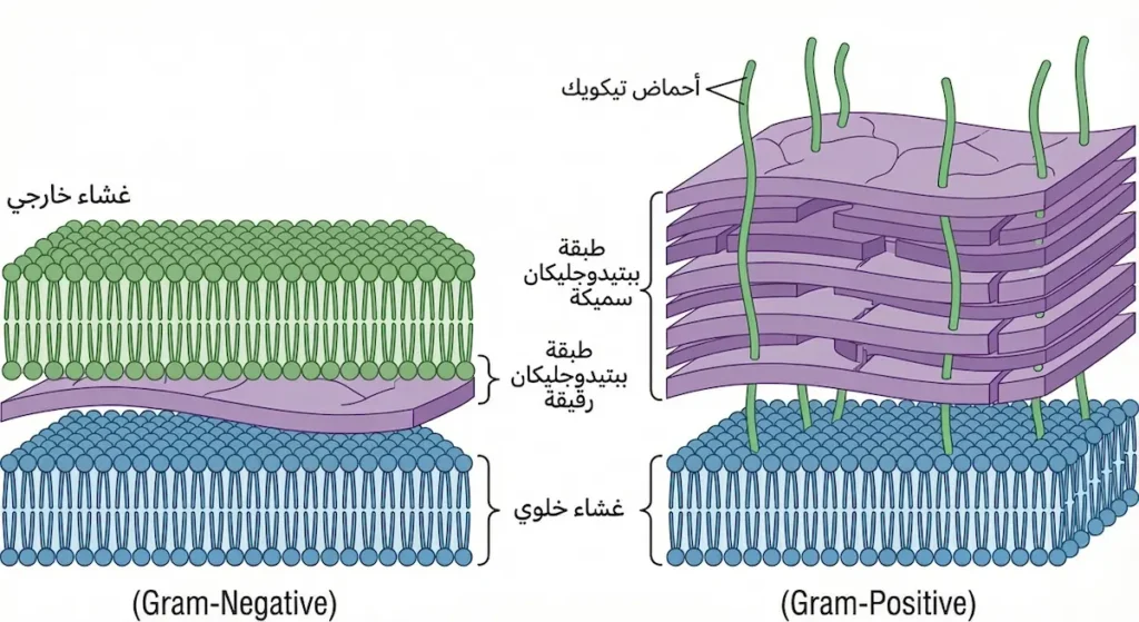 رسم توضيحي يقارن بين جدار الخلية السميك في البكتيريا إيجابية الغرام وجدار الخلية الرقيق ذي الغشاء الخارجي في البكتيريا سلبية الغرام