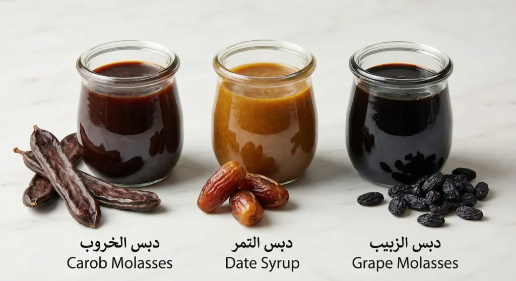 ثلاثة أوعية زجاجية تحتوي على دبس الزبيب ودبس التمر ودبس الخروب مع المكونات الخام لكل نوع