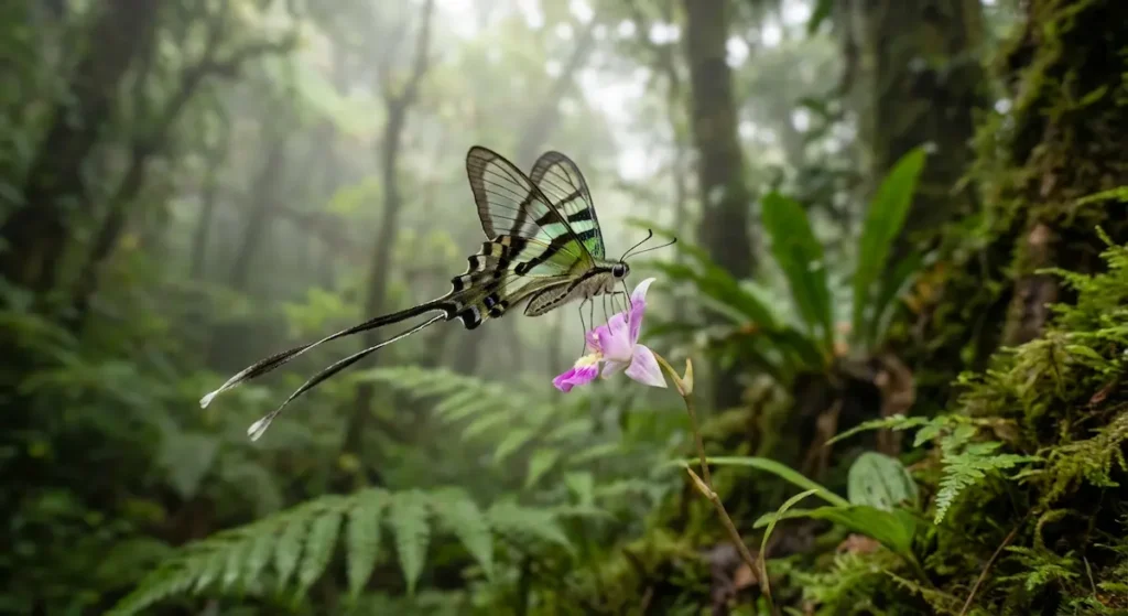 فراشة ذيل التنين الأخضر صغيرة نحيلة بأجنحة شبه شفافة وذيل طويل جداً