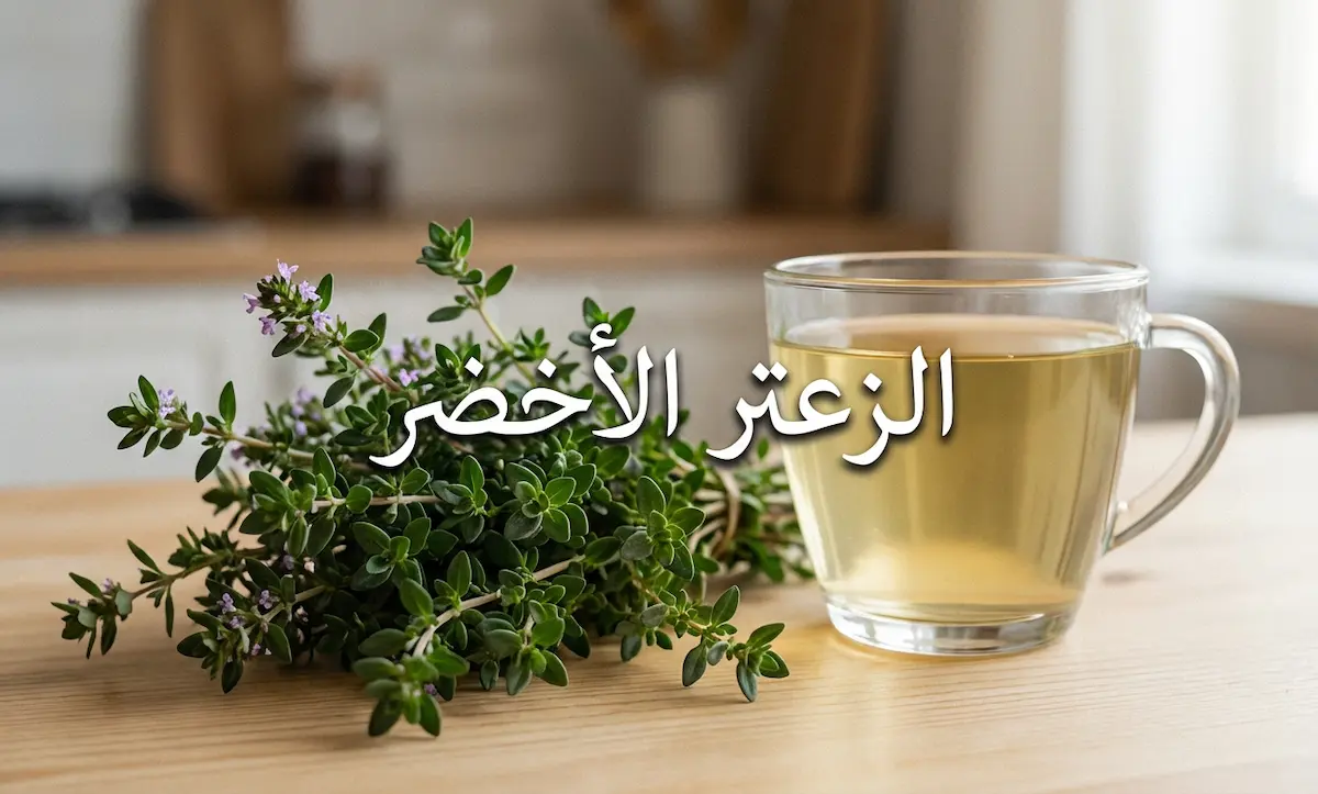 حزمة من أغصان الزعتر الأخضر الطازج بأوراقه الصغيرة وأزهاره الأرجوانية موضوعة على سطح خشبي بجانب كوب منقوع الزعتر الذهبي