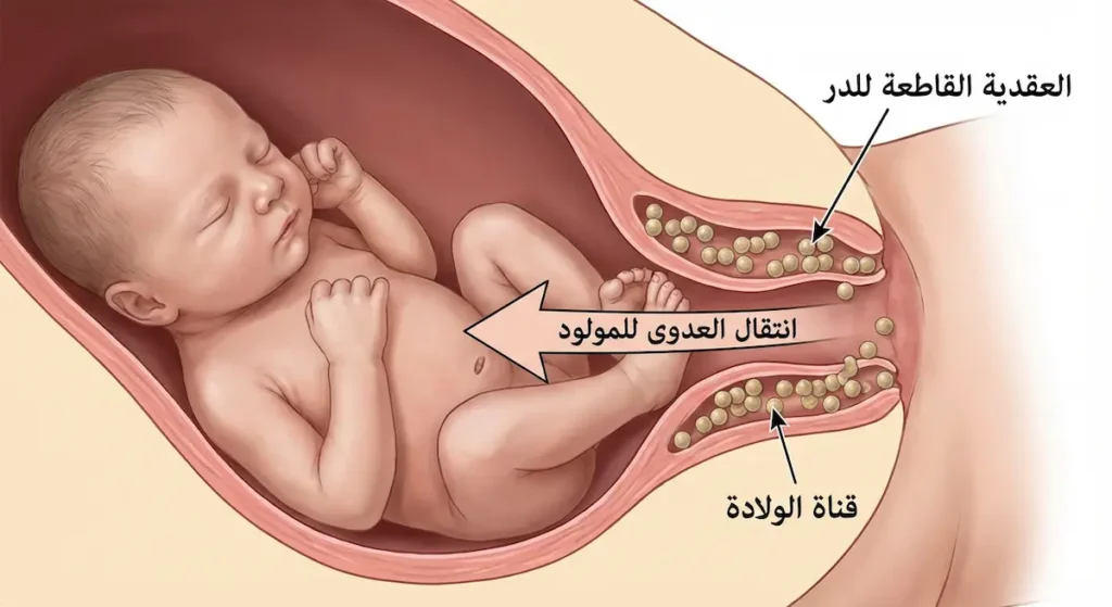 رسم توضيحي يُظهر آلية انتقال بكتيريا العقدية القاطعة للدر من قناة ولادة الأم إلى المولود الجديد