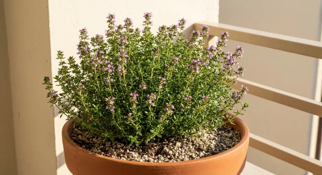 نبتة زعتر أخضر كثيفة ومزهرة مزروعة في أصيص فخاري على شرفة منزل مشمسة بتربة خفيفة جيدة التصريف