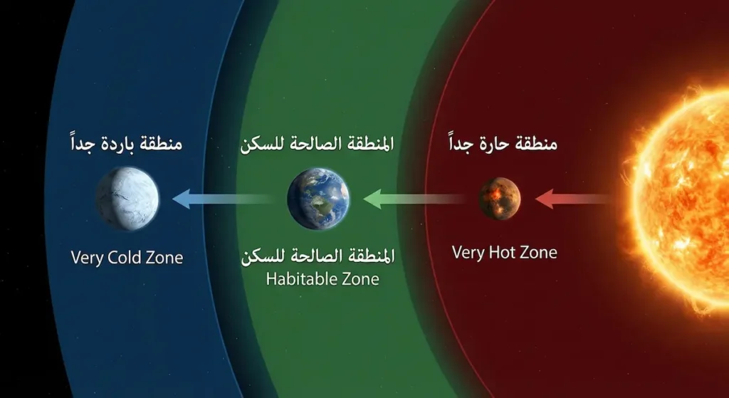 رسم توضيحي يُظهر المنطقة الصالحة للسكن حول نجم مع ثلاث مناطق حرارية مختلفة وكوكب صخري في المنطقة المناسبة لوجود الماء السائل
