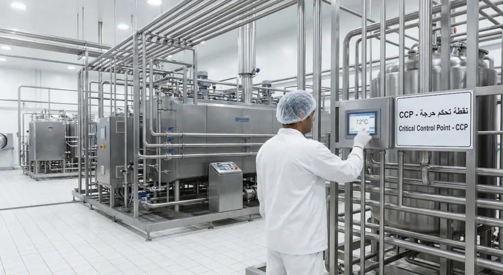 عامل في مصنع ألبان يراقب شاشة حرارة جهاز البسترة عند نقطة التحكم الحرجة ضمن نظام HACCP لضمان سلامة الغذاء