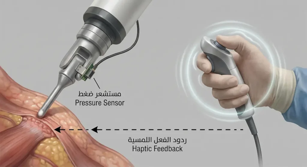 رسم توضيحي يُظهر مسار نقل الإحساس اللمسي من مستشعر الضغط على ذراع الروبوت الجراحي إلى مقبض التحكم في يد الجراح عبر تقنية ردود الفعل اللمسية