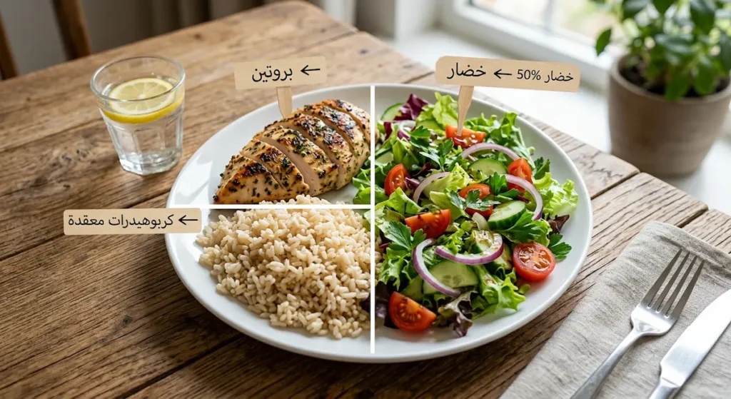 طبق طعام مقسّم وفق طريقة هارفارد الصحية نصفه سلطة خضراء وربعه صدر دجاج مشوي وربعه أرز بني مع كوب ماء لمريض السكري