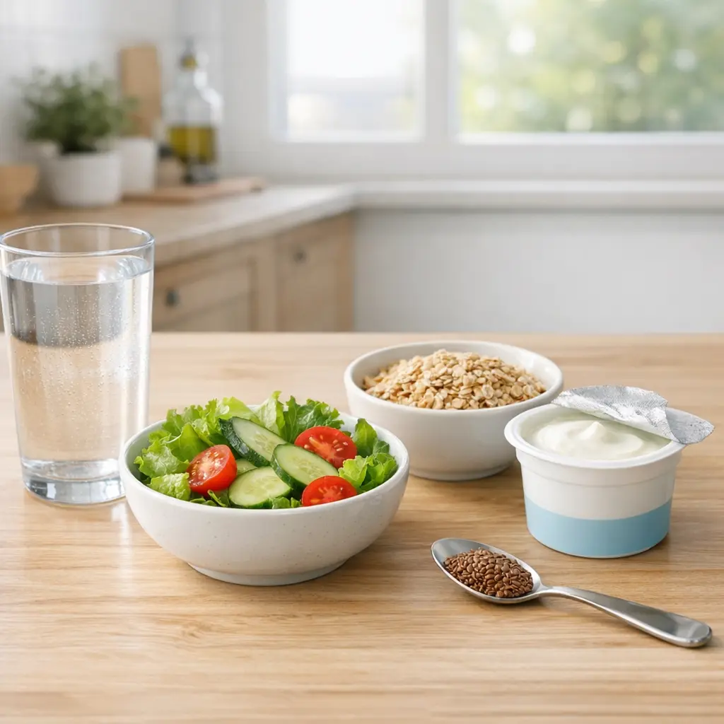 طاولة طعام عليها كوب ماء وسلطة خضراء وحبوب كاملة وزبادي مع بذور الكتان تمثل نظاماً غذائياً صحياً للوقاية من ألم البطن