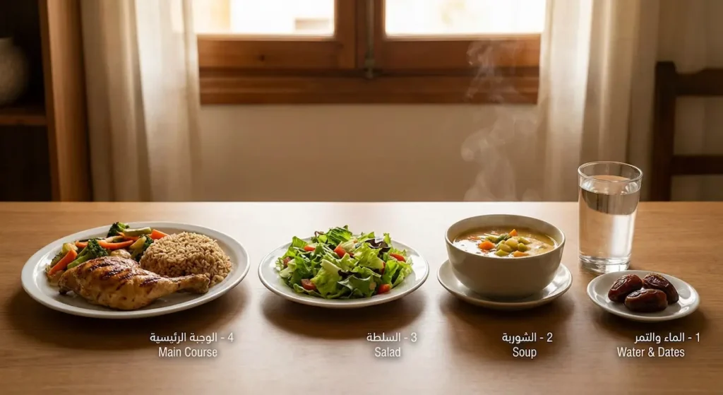 مائدة إفطار رمضانية صحية تُظهر الترتيب الأمثل للأكل: ماء وتمر، ثم شوربة، ثم سلطة، وأخيراً الوجبة الرئيسية