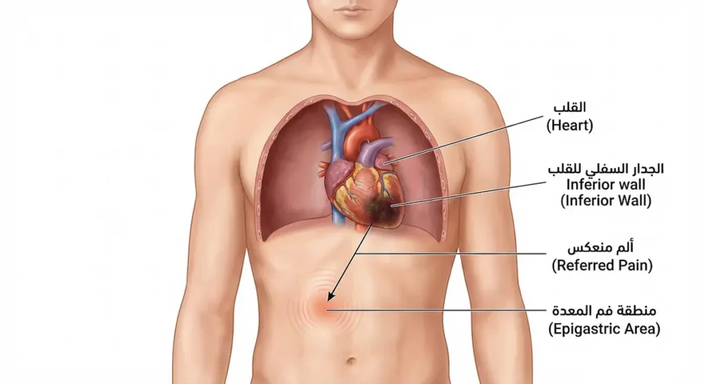رسم توضيحي يُظهر كيف يمكن للنوبة القلبية أن تسبب ألماً في منطقة فم المعدة بدلاً من الصدر