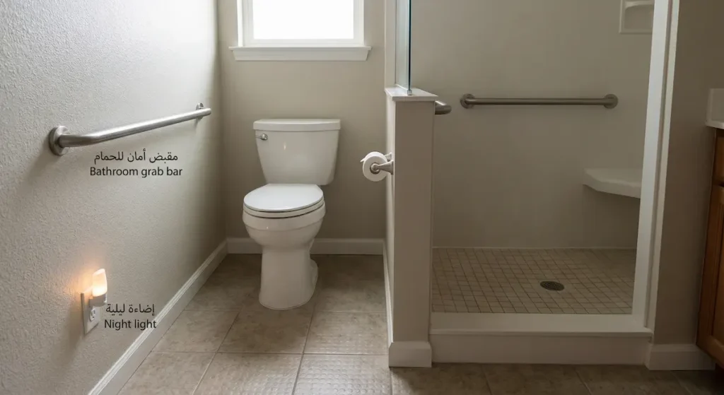 حمام منزلي مُهيّأ لمريض الدوار الدهليزي يحتوي على مقابض أمان مثبتة على الجدران وأرضية مانعة للانزلاق وإضاءة ليلية خافتة