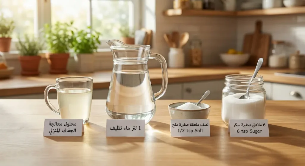 صورة واقعية لمكونات محلول معالجة الجفاف المنزلي وهي ست ملاعق سكر ونصف ملعقة ملح ولتر ماء نظيف مع المحلول الجاهز في كوب