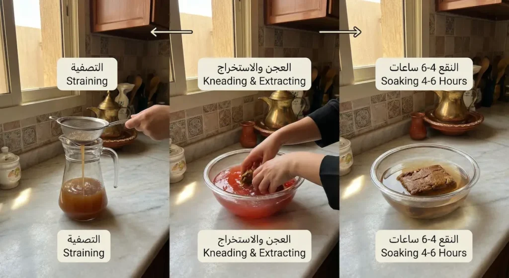 ثلاث مراحل لتحضير شراب التمر الهندي منزلياً تشمل نقع اللبّ في ماء دافئ ثم عجنه لاستخراج العصارة ثم تصفيته عبر مصفاة ناعمة