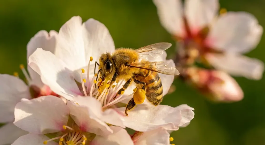 صورة ماكرو واقعية لنحلة عسل تجمع حبوب اللقاح الصفراء من زهرة لوز بيضاء وردية مفتوحة وسِلال حبوب اللقاح ممتلئة على أرجلها الخلفية في ضوء شمس دافئ