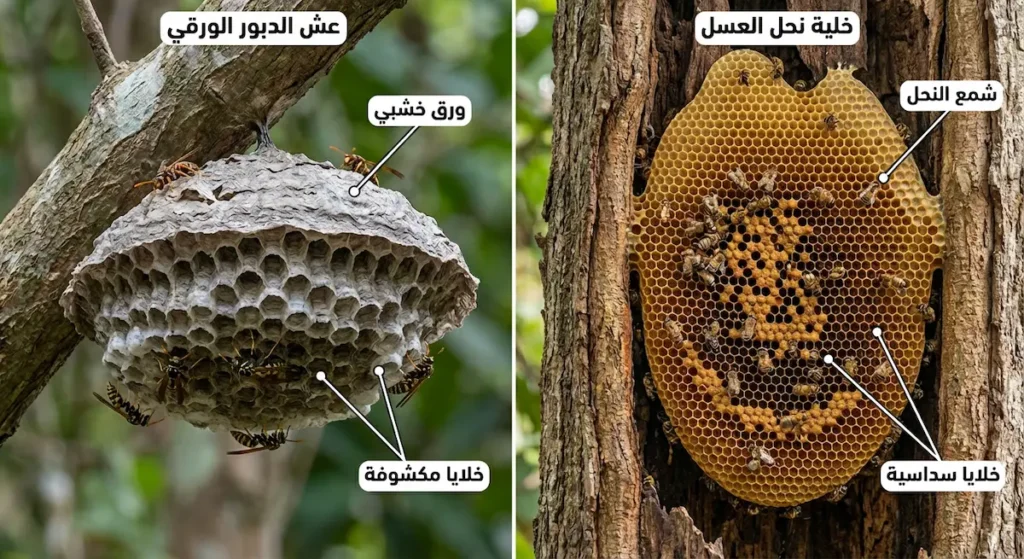  مقارنة بين خلية النحل الشمعية الذهبية ذات الخلايا السداسية المغلقة وعش الدبور الورقي الرمادي ذي الخلايا المكشوفة