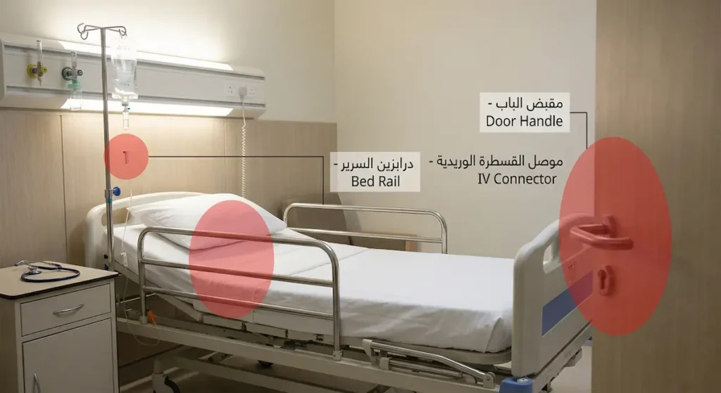 غرفة مريض في مستشفى حديثة مع تحديد ثلاث نقاط حرجة للتلوث الميكروبي تشمل درابزين السرير ومقبض الباب وموصل القسطرة الوريدية