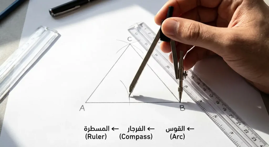 خطوات رسم مثلث متطابق الأضلاع باستخدام الفرجار والمسطرة