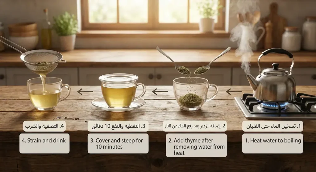 أربع خطوات متتالية لتحضير منقوع الزعتر الأخضر: تسخين الماء ثم إضافة الزعتر ثم التغطية للنقع ثم التصفية