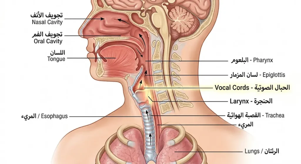 مقطع تشريحي جانبي للرأس والرقبة يُظهر الرئتين والقصبة الهوائية والحنجرة والحبال الصوتية وحجرات الرنين المسؤولة عن إنتاج الصوت