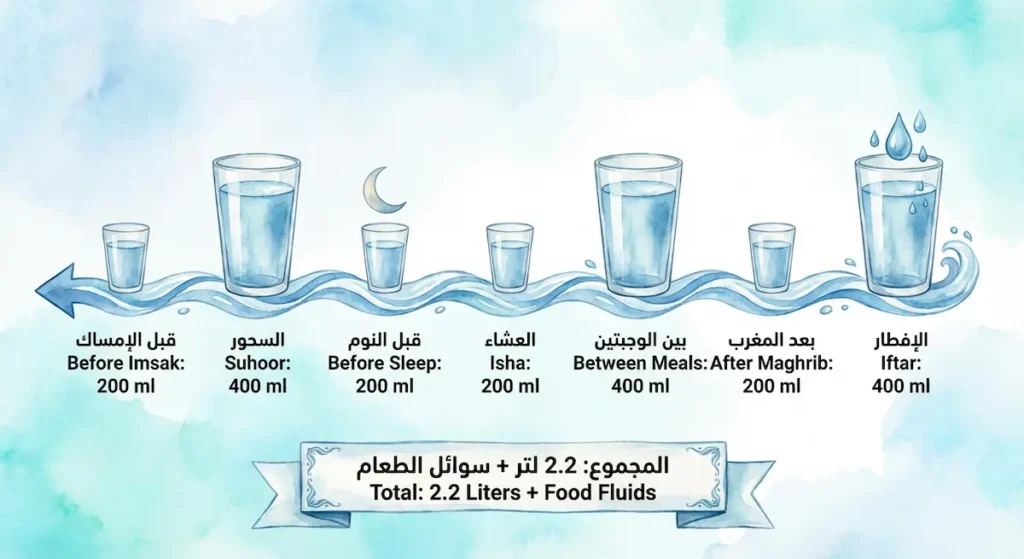  جدول زمني يوضح كيفية توزيع شرب الماء والسوائل بين الإفطار والسحور للحامل