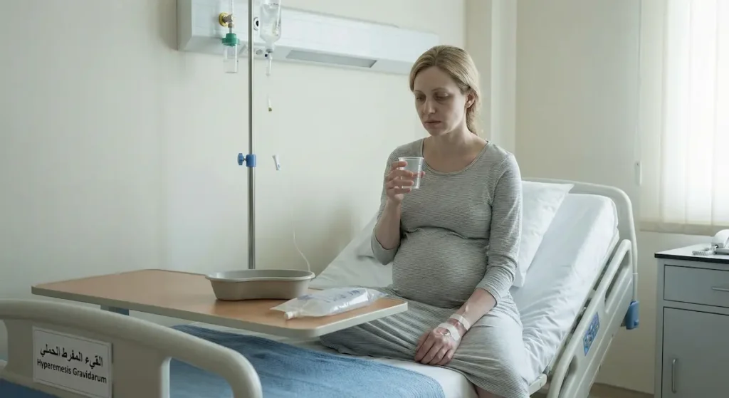 امرأة حامل متعبة في المستشفى تتلقى محلولاً وريدياً بسبب القيء المفرط الحملي.