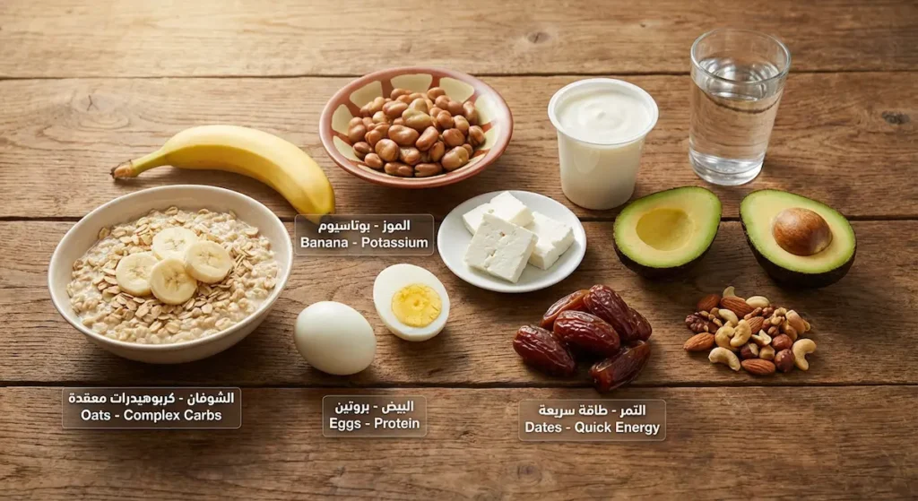  مائدة سحور صحية تتضمن الشوفان والبيض والتمر والموز والزبادي والمكسرات