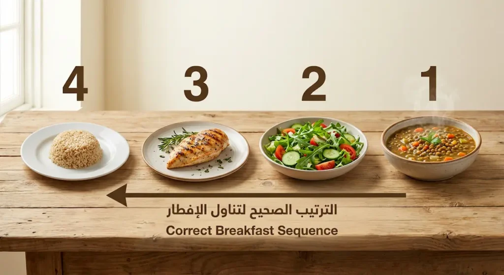 أربعة أطباق مرتبة تُظهر التسلسل الصحيح للإفطار: شوربة ثم سلطة ثم بروتين ثم نشويات