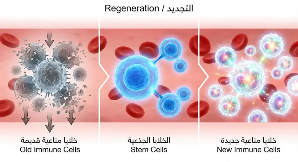  رسم توضيحي يُظهر ثلاث مراحل: تفكيك الخلايا المناعية القديمة، تنشيط الخلايا الجذعية، وإنتاج خلايا مناعية جديدة