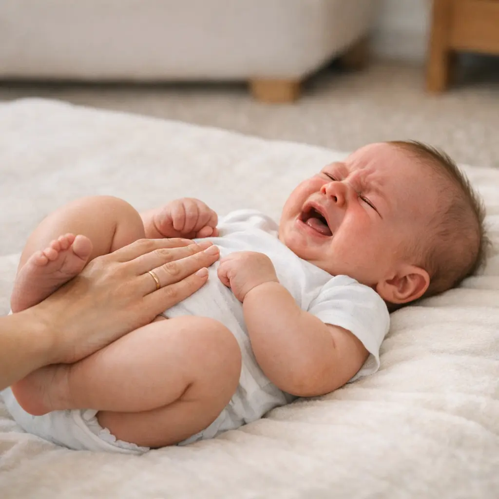 رضيع يبكي ويسحب ركبتيه نحو بطنه في وضعية تدل على مغص البطن مع يد أم تمسح على بطنه بلطف