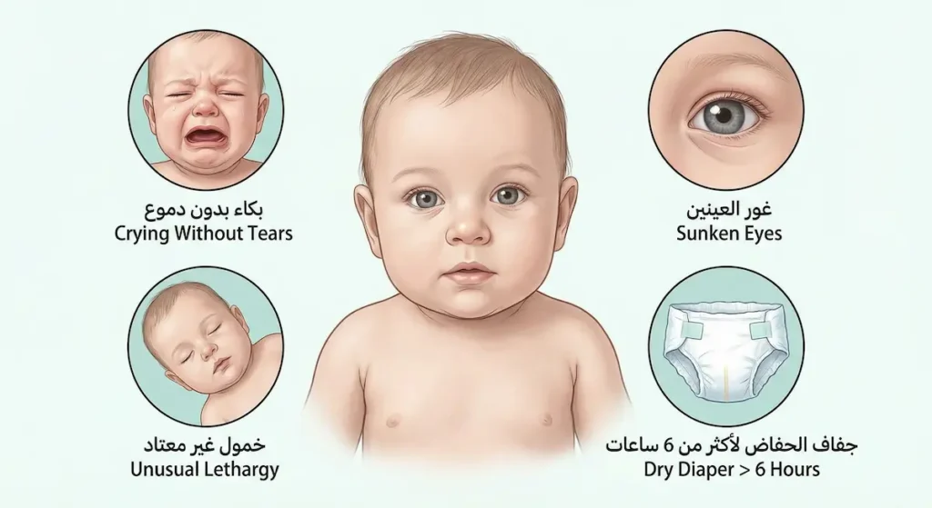  رسم توضيحي يعرض أربع علامات للجفاف عند الرضع وهي غور العينين والبكاء بدون دموع وجفاف الحفاض والخمول غير المعتاد